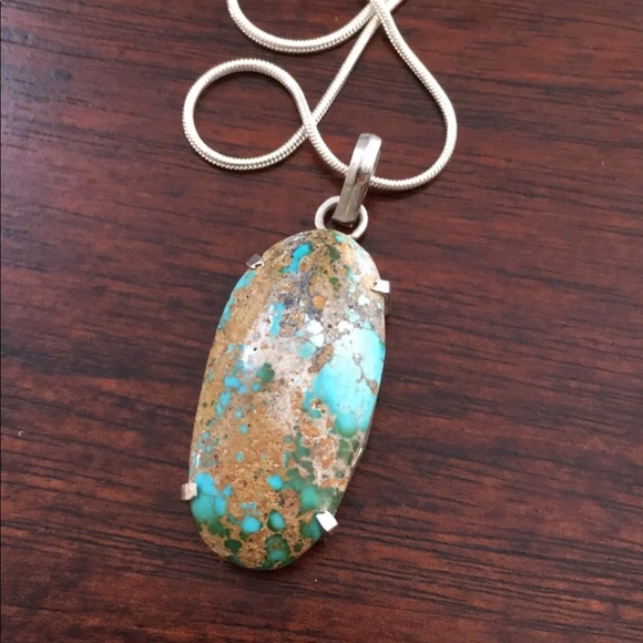 Vintage Jewelry - Large natural untreated turquoise 925 sterling silver pendant